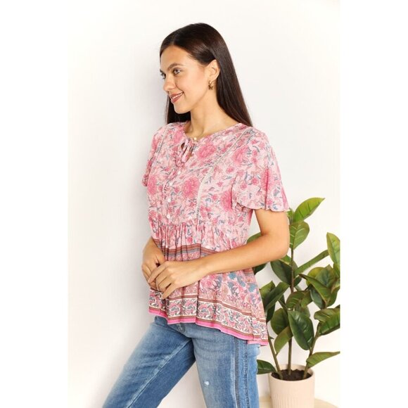 Double Take Bohemian Decorative Button Tie-Neck Peplum Blouse - Picture 9 of 14